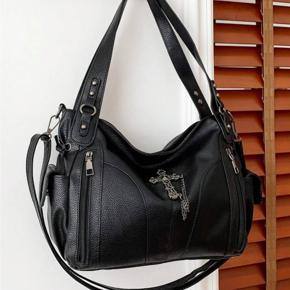 Y2k Large Capacity Shoulder Bag, Black PU Leather Cross Tote - Picture 1 of 5